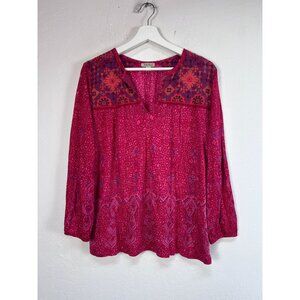 Lucky Brand Womens Boho Floral Embroidered Peasant Blouse Top Medium Red/Pink